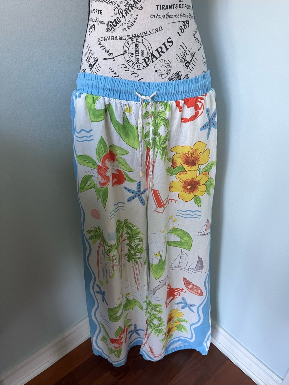 Linen Panama Jack White Wide-Leg Beach Print Pants with Blue Waistband
